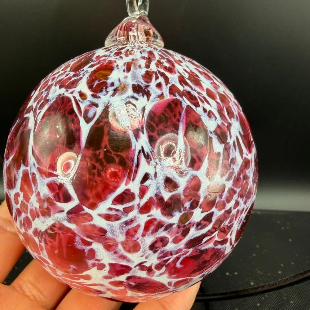 Hand Blown Glass Friendship Ball Ornament Pink‎ White Speckled Heart Stand VTG